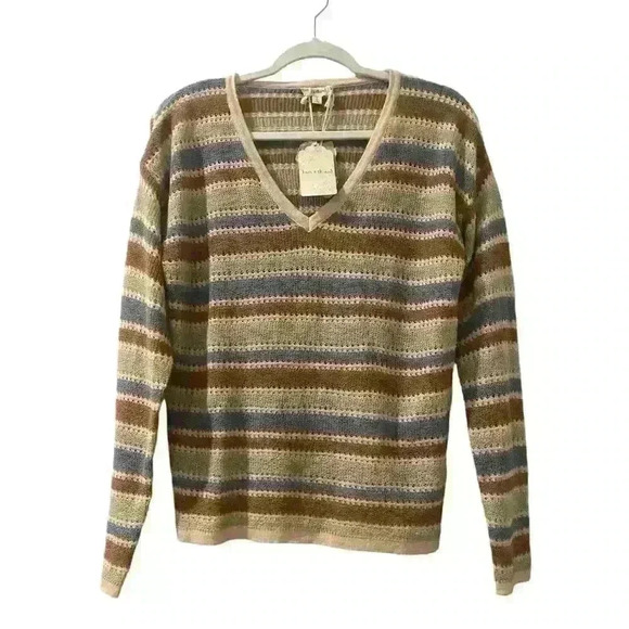 NWT Hem & Thread Womens Multicolor Striped Long Sleeve V-Neck Sweater Size Small - Picture 1 of 9
